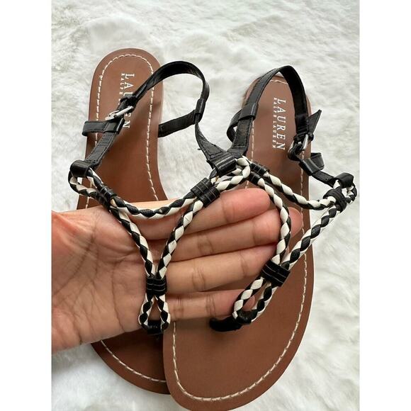 Lauren Ralph Lauren‎ T-Straps Alexa Black & White Leather Sandals Size US 8 - Picture 3 of 6